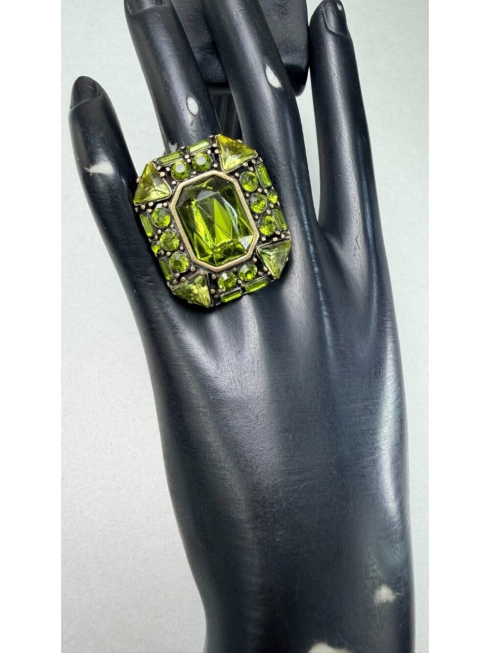 Vintage Green Emerald Cut Peridot Rhinestone Cocktail Ring Square Statement Bold